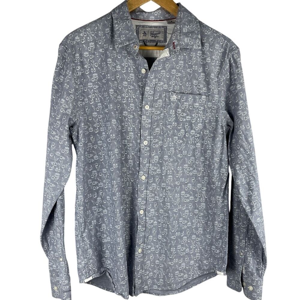 Original Penguin Button Down Gray & White Bowling‎ Ball & Pins Shirt Size Medium
